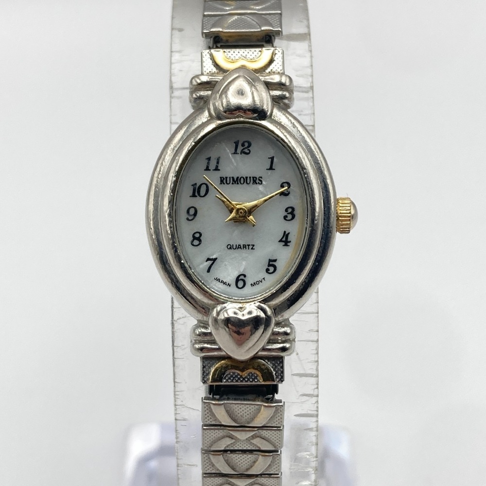 Vtg Rumours Womens Watch Hearts Silver Gold Tone MOP Stretch New Battery SMALL